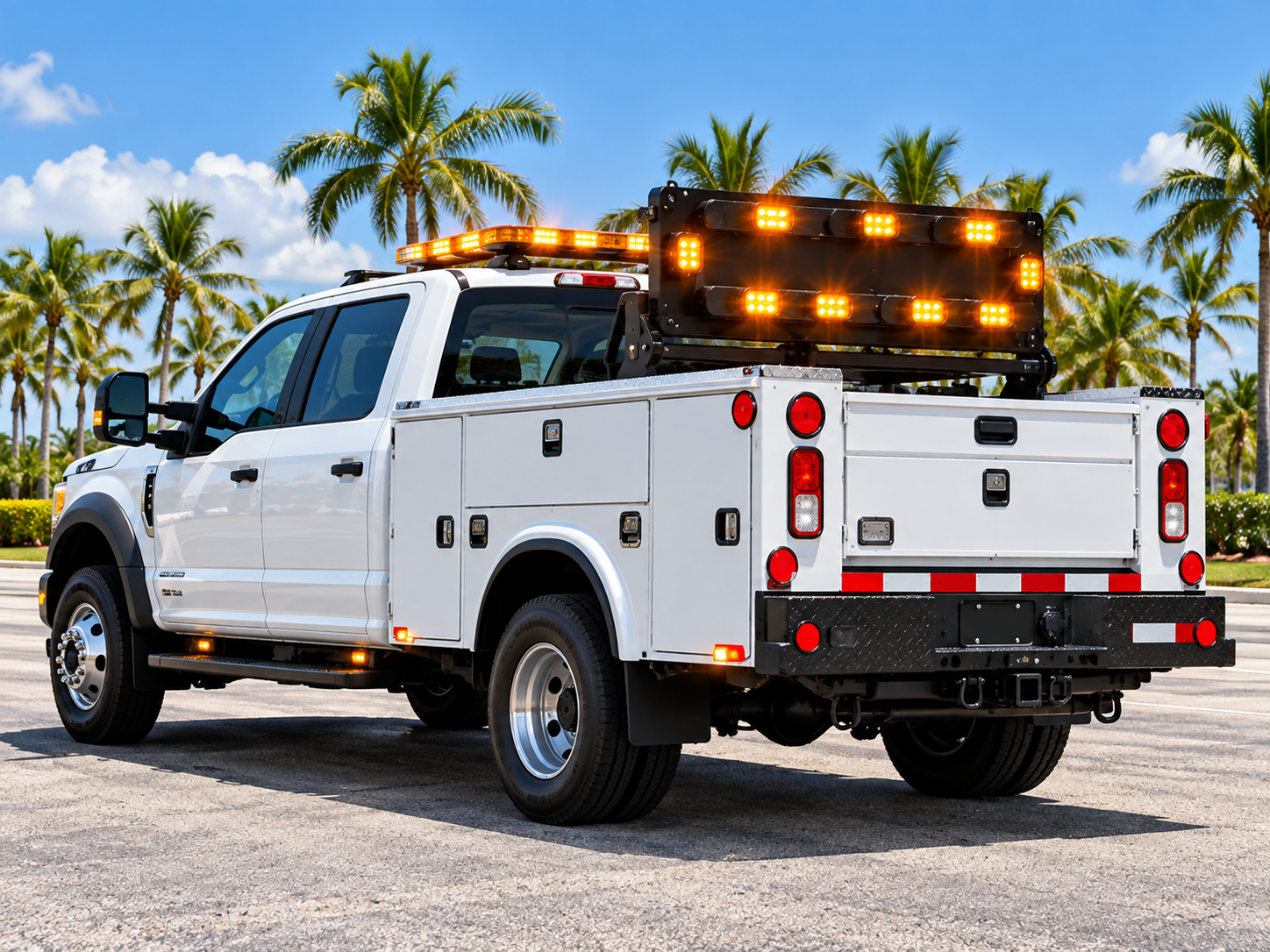 Utility truck with amber warning lights