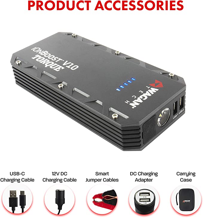Wagan EL7507 Jump Starter iOnBoost V10 Torque 1000Amp Peak 12V Portable Lithium Car Battery Up to 7.8L V10 or 6.7L Diesel,Peak Up