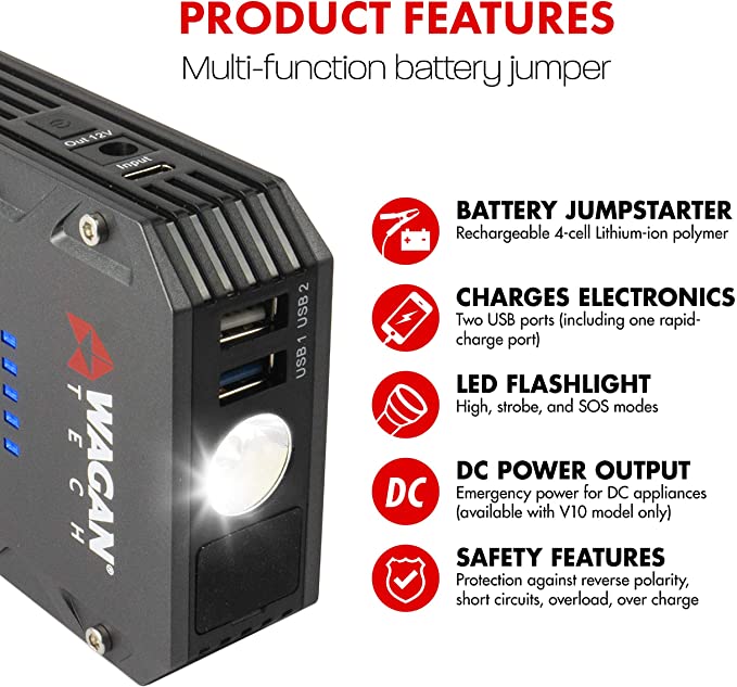 Wagan EL7507 Jump Starter iOnBoost V10 Torque 1000Amp Peak 12V Portable Lithium Car Battery Up to 7.8L V10 or 6.7L Diesel,Peak Up