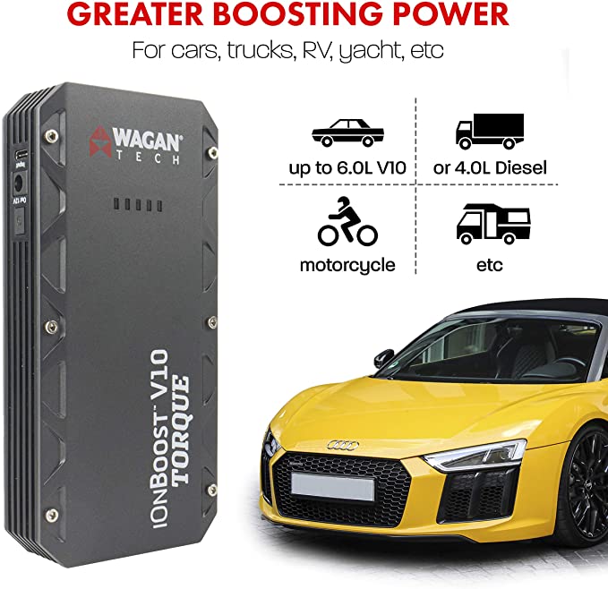 Wagan EL7507 Jump Starter iOnBoost V10 Torque 1000Amp Peak 12V Portable Lithium Car Battery Up to 7.8L V10 or 6.7L Diesel,Peak Up